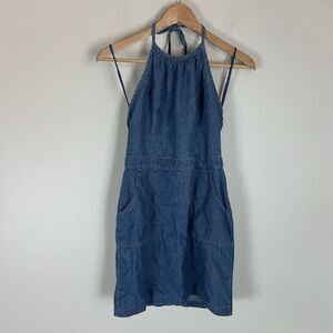 Hollister 0 Halter Jean Dress Denim Blue Mini Y2K 2000s Sheath Pencil Country